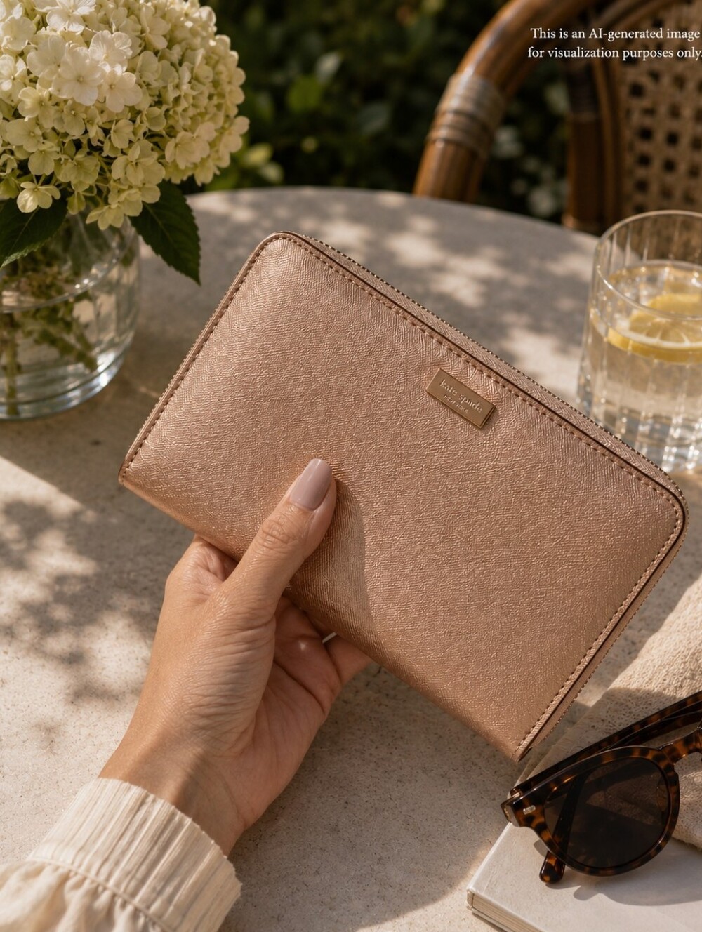 Kate Spade New York Rose Gold Zip Around Wallet Clutch Metallic Saffiano